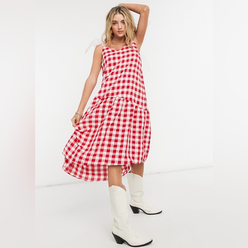TOPSHOP Red Gingham Organza Bow Midi Slip Dress